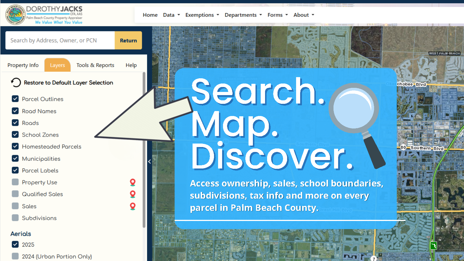 Search, Map, Discover. Access ownership, sales, school boundaries, subdivisions, tax info and more on every parcel in Palm Beach County. PAPA county wide map.